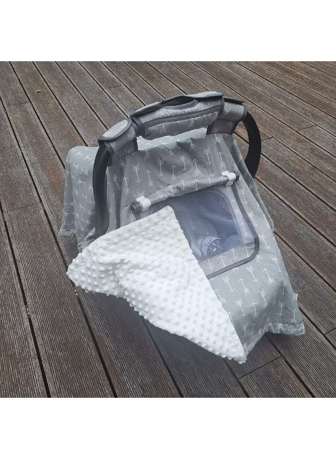 ICOPUCA Car seat Covers for Babies boy Girl, Carseat Canopy for Newborn Carrier, 2 Layers Windows of mesh/Fabric, No Shifting on Carrier Handle, Cotton and Fleece, Handle Cushion, White Minky - Image 3