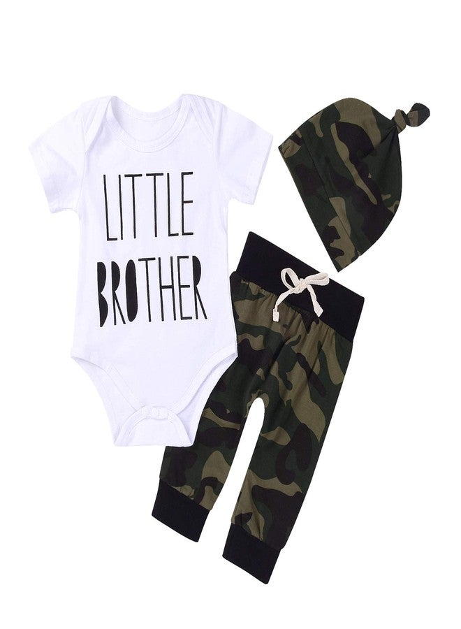 MEKILYN 3Pcs Baby Boys Little Brother Camouflage Romper Tops+Pants Leggings+ Hat Outfits Set (White&camouflage, 0-6m(Tag70)) - Image 1