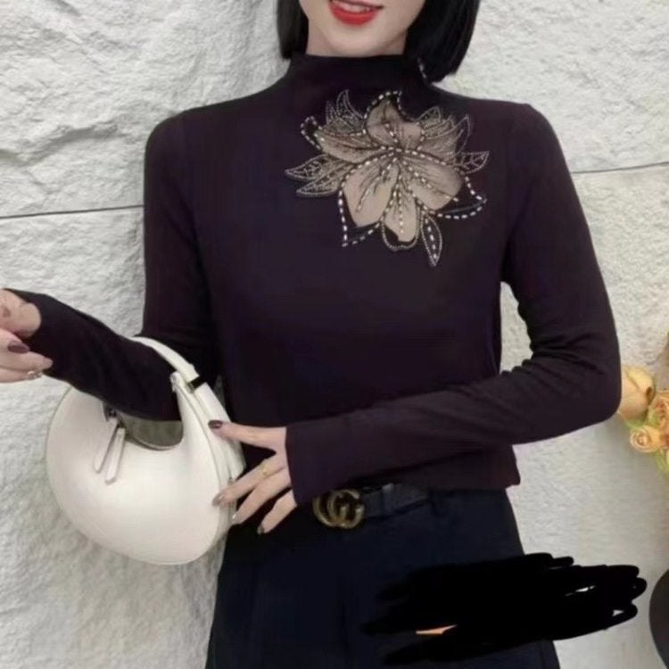 Live 2024 Autumn New Fashion Solid Color Hollow Large Flower Half-High Collar Stylish Slim Shirt T-Shirt Mom - Image 1