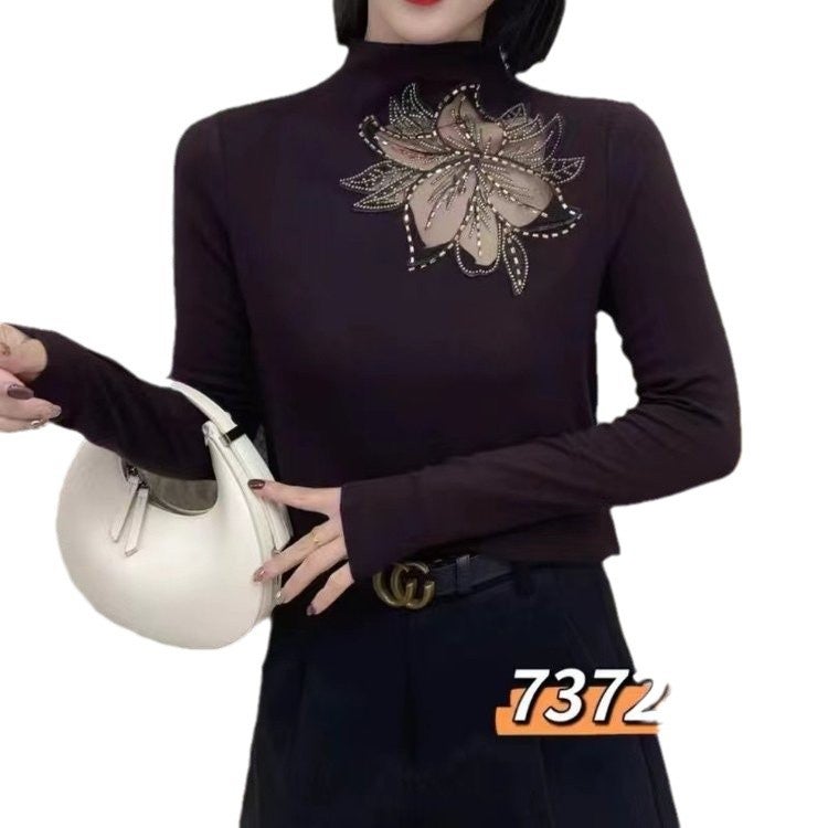 Live 2024 Autumn New Fashion Solid Color Hollow Large Flower Half-High Collar Stylish Slim Shirt T-Shirt Mom - Image 5