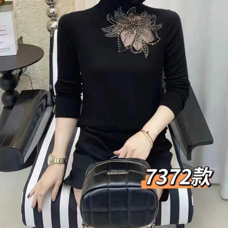 Live 2024 Autumn New Fashion Solid Color Hollow Large Flower Half-High Collar Stylish Slim Shirt T-Shirt Mom - Image 4