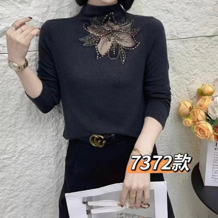 Live 2024 Autumn New Fashion Solid Color Hollow Large Flower Half-High Collar Stylish Slim Shirt T-Shirt Mom - Image 3
