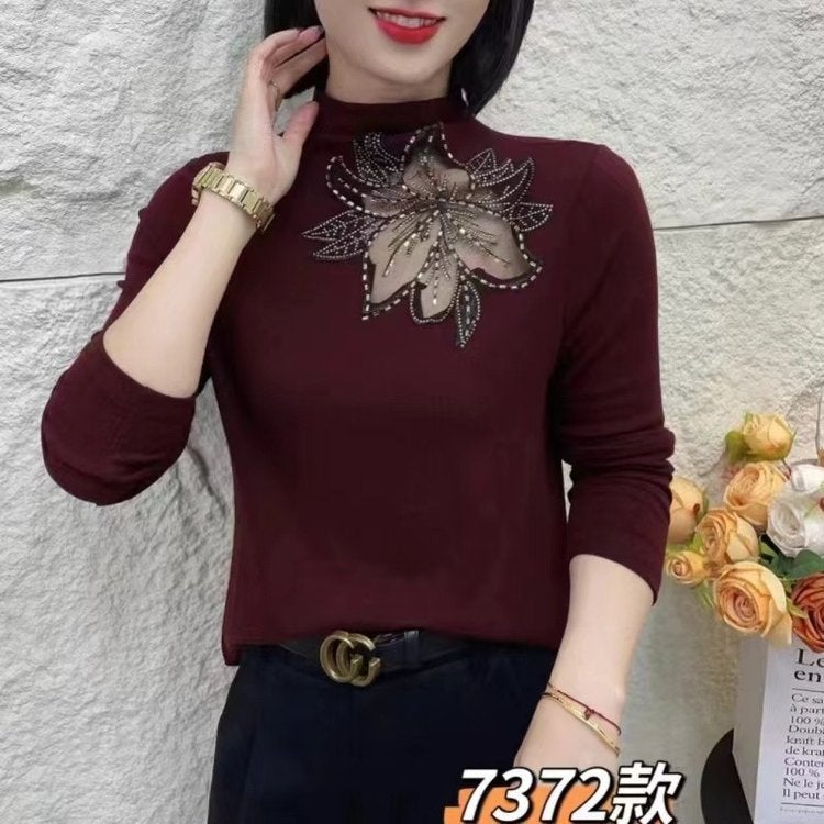 Live 2024 Autumn New Fashion Solid Color Hollow Large Flower Half-High Collar Stylish Slim Shirt T-Shirt Mom - Image 2