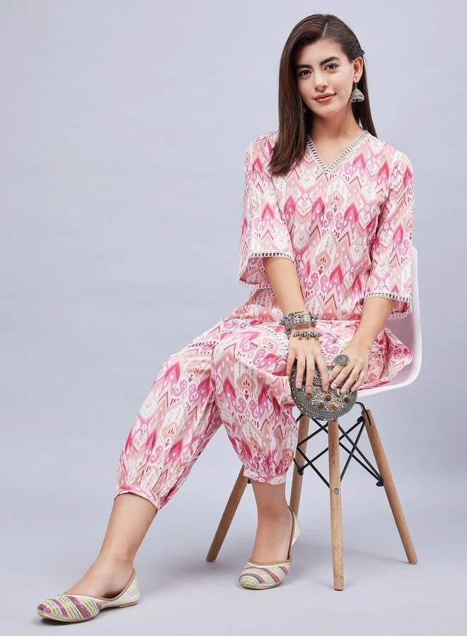 Winered Pink Printed Tunic And Cuffed Pants Co-Ord Set