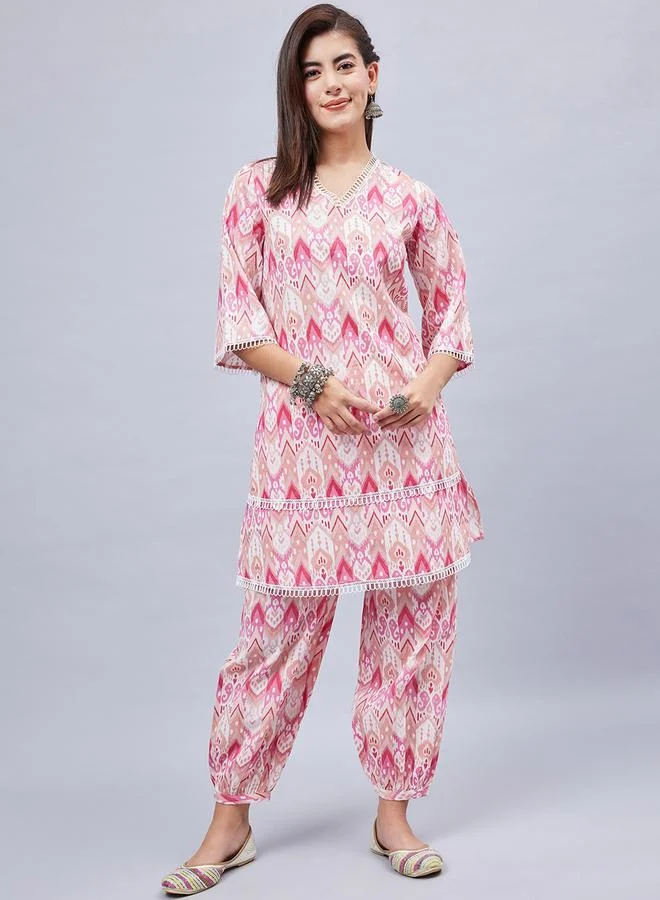 Winered Pink Printed Tunic And Cuffed Pants Co-Ord Set