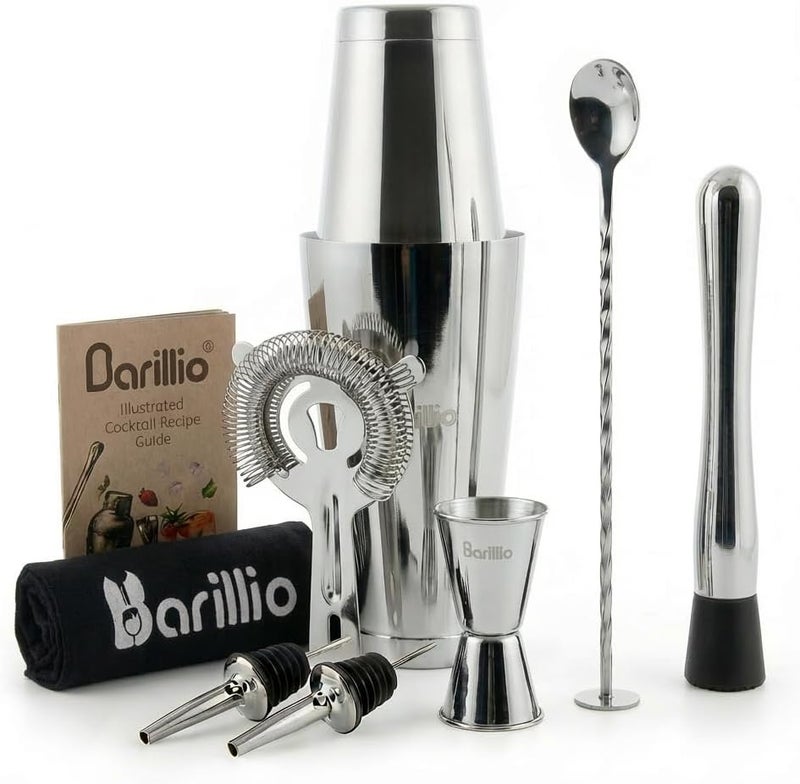 barillio طقم شاكر بوسطن - من الفولاذ المقاوم للصدأ، شاكر كوكتيل مارتيني بوزن مع مصفاة وخلاط - طقم بار لمزج المشروبات - طقم شاكر مشروبات مكون من 9 قطع - أدوات بار - فضي - Image 1
