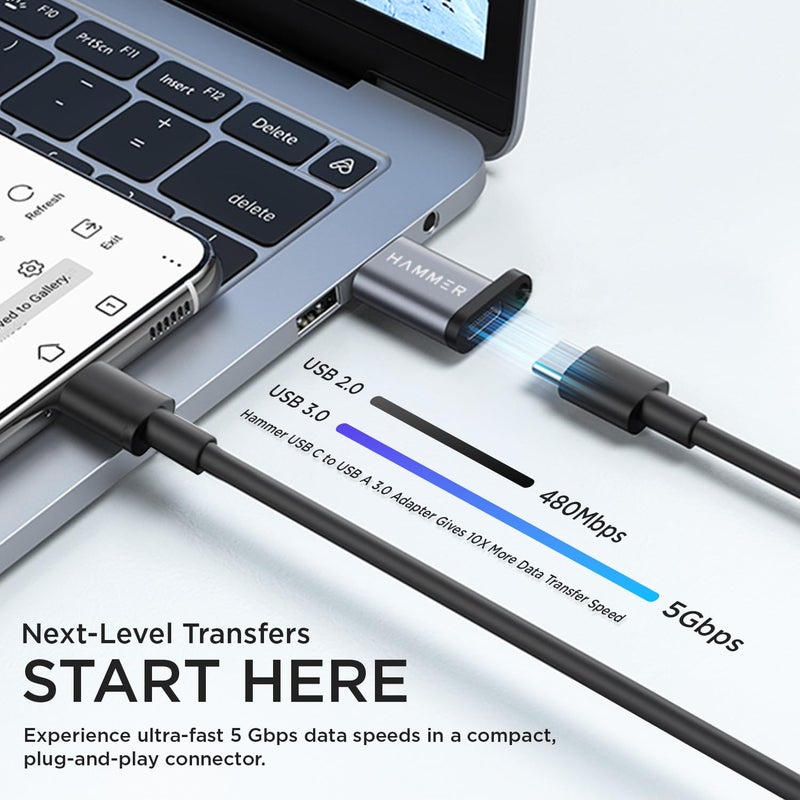 HAMMER USB Type C Female to USB Male OTG Adapter with 5 Gbps High-Speed Data Transfer, Compatible with Laptops, Tablets, Smartphones, Chargers and All USB A Devices (Grey) - Image 2