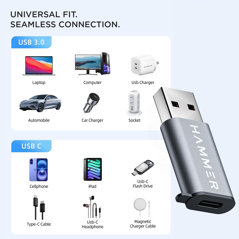 HAMMER USB Type C Female to USB Male OTG Adapter with 5 Gbps High-Speed Data Transfer, Compatible with Laptops, Tablets, Smartphones, Chargers and All USB A Devices (Grey) - Image 5