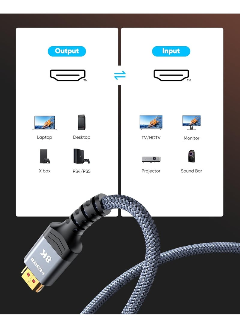 igeekwell 8K@60 HDMI Cable 5M, 48Gbps 2.1 High Speed HDMI Braided Nylon 4K120 144Hz RTX 3090 eARC HDR10 4:4:4 HDCP 2.2&2.3 Compatible for PS5, PS4, UHD TV and PC,5M 1PACK - Image 5
