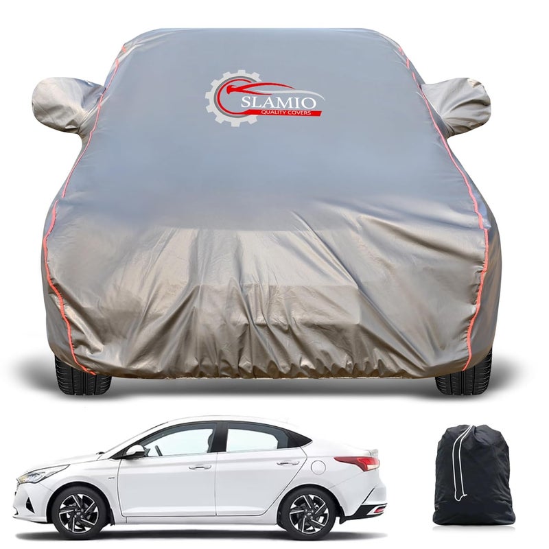 Slamio Heavy-Duty Car Body Cover for Hyundai's Verna (2017-2022) | Waterproof, Dustproof, UV Protection, Custom Fit, Heavy Belt & Buckle with Mirror & Antenna Pocket | Dark Grey - Image 1