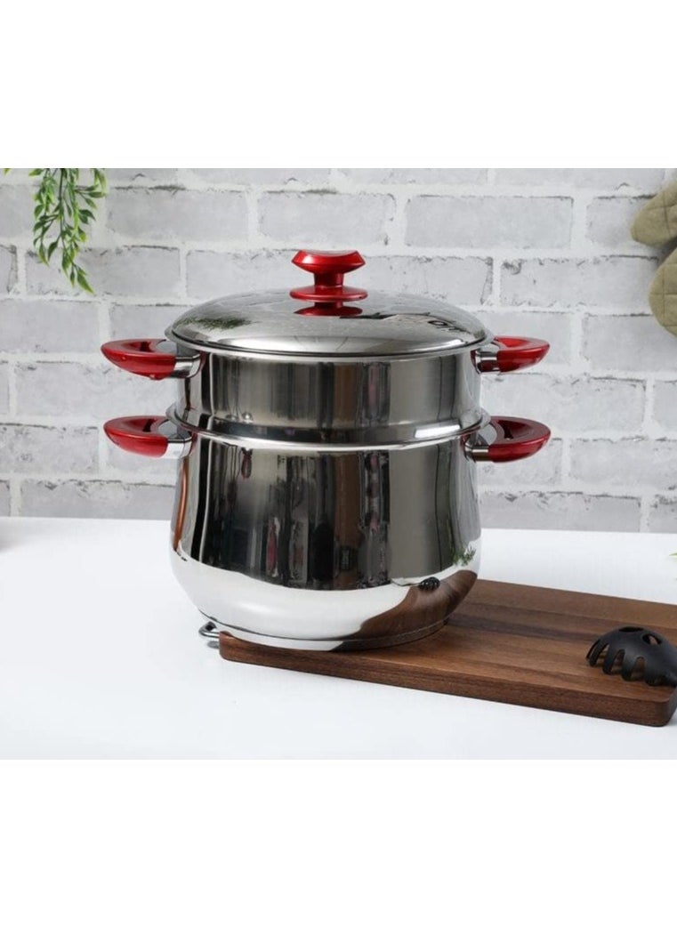Stainless Steel Steamer Cookware Belly shape Cous Pot with Red Handle 24CM