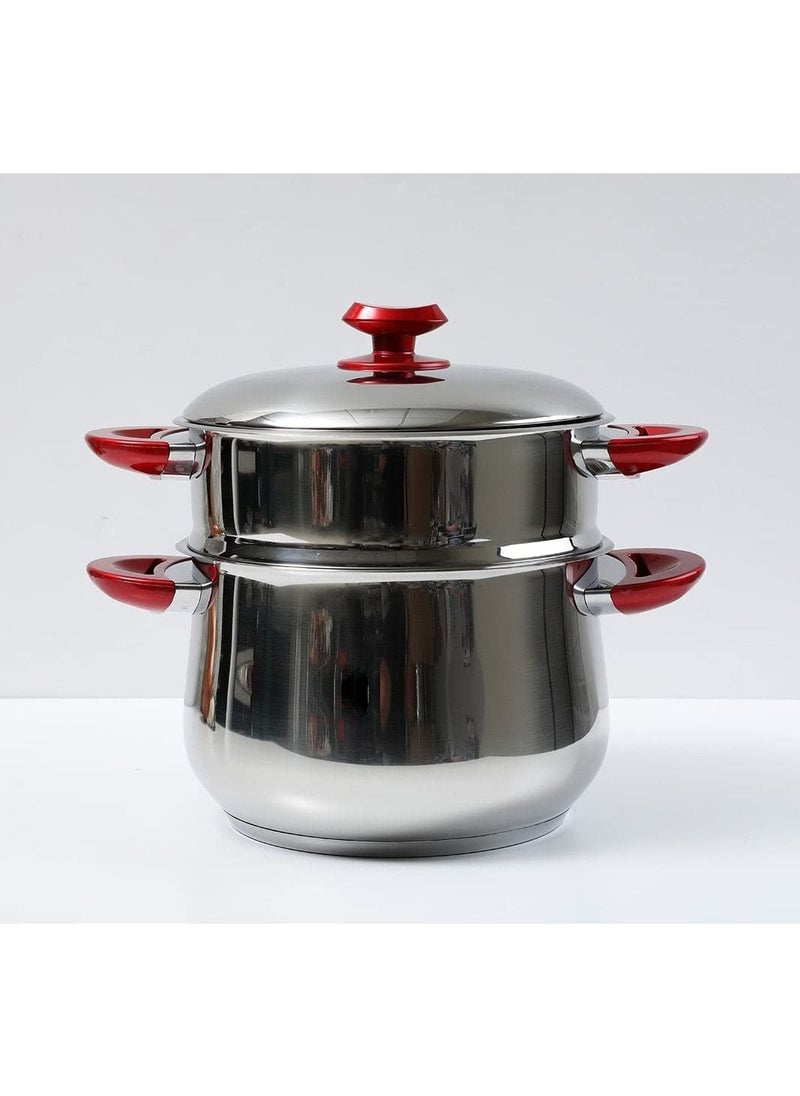 Stainless Steel Steamer Cookware Belly shape Cous Pot with Red Handle 24CM
