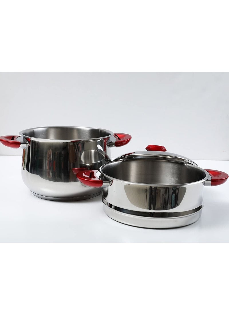 Stainless Steel Steamer Cookware Belly shape Cous Pot with Red Handle 24CM