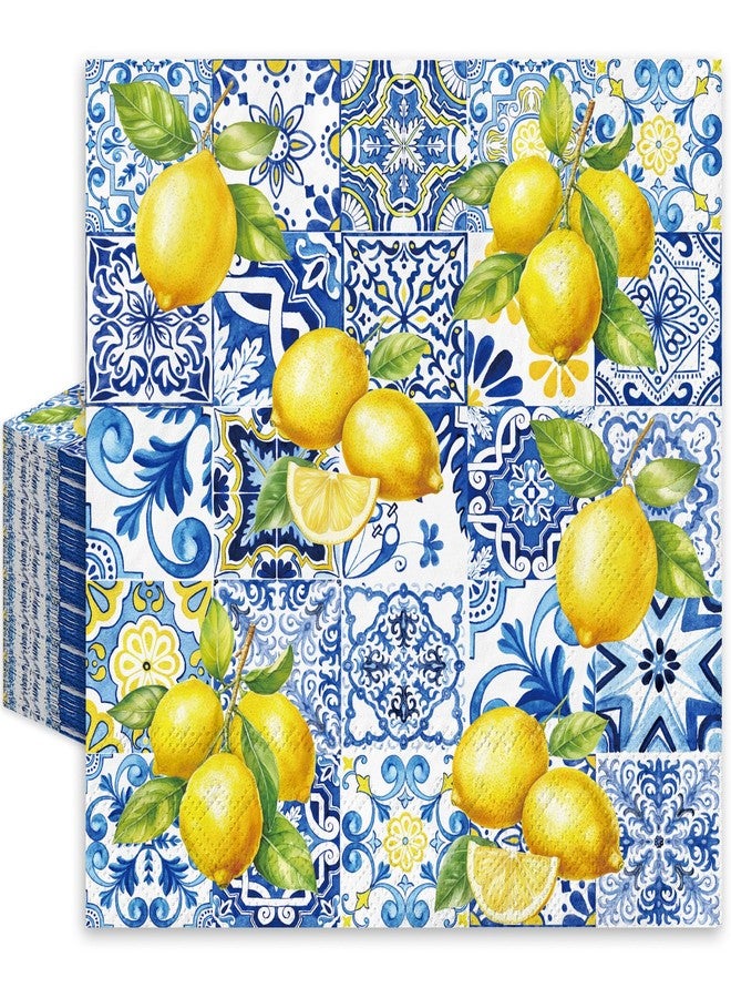 JarThenaAMCS 80Pcs Tiles Lemons Paper Napkins Blue Yellow Disposable Napkins Decorative Dinner Napkins Luncheon Napkins for Party Supplies Table Decor - Image 1
