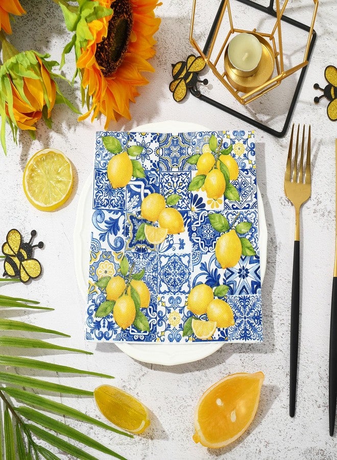 JarThenaAMCS 80Pcs Tiles Lemons Paper Napkins Blue Yellow Disposable Napkins Decorative Dinner Napkins Luncheon Napkins for Party Supplies Table Decor - Image 5