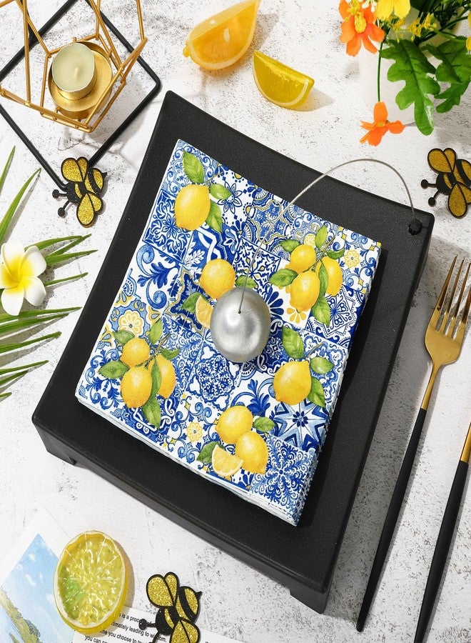 JarThenaAMCS 80Pcs Tiles Lemons Paper Napkins Blue Yellow Disposable Napkins Decorative Dinner Napkins Luncheon Napkins for Party Supplies Table Decor - Image 3