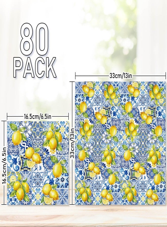 JarThenaAMCS 80Pcs Tiles Lemons Paper Napkins Blue Yellow Disposable Napkins Decorative Dinner Napkins Luncheon Napkins for Party Supplies Table Decor - Image 2