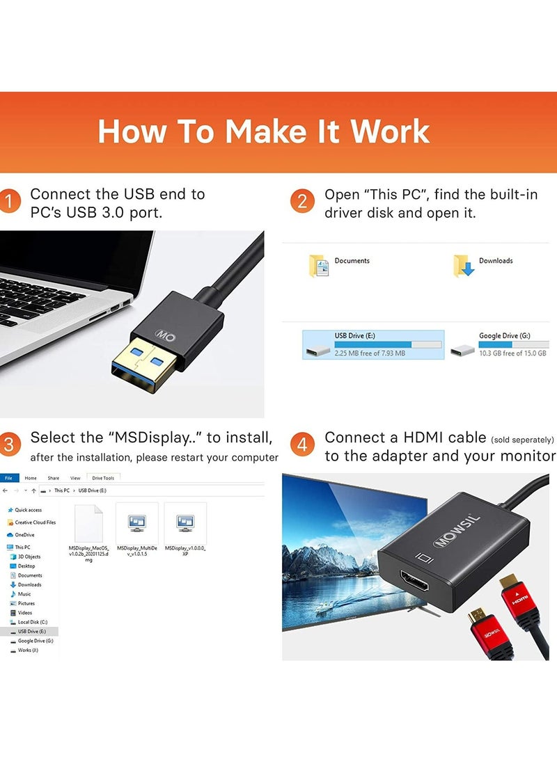 Mowsil Cable USB 3.0 To HDMI Adapter, 1080P 60HZ HD Audio Video Converter Cable USB 3.0 To HDMI - Image 5