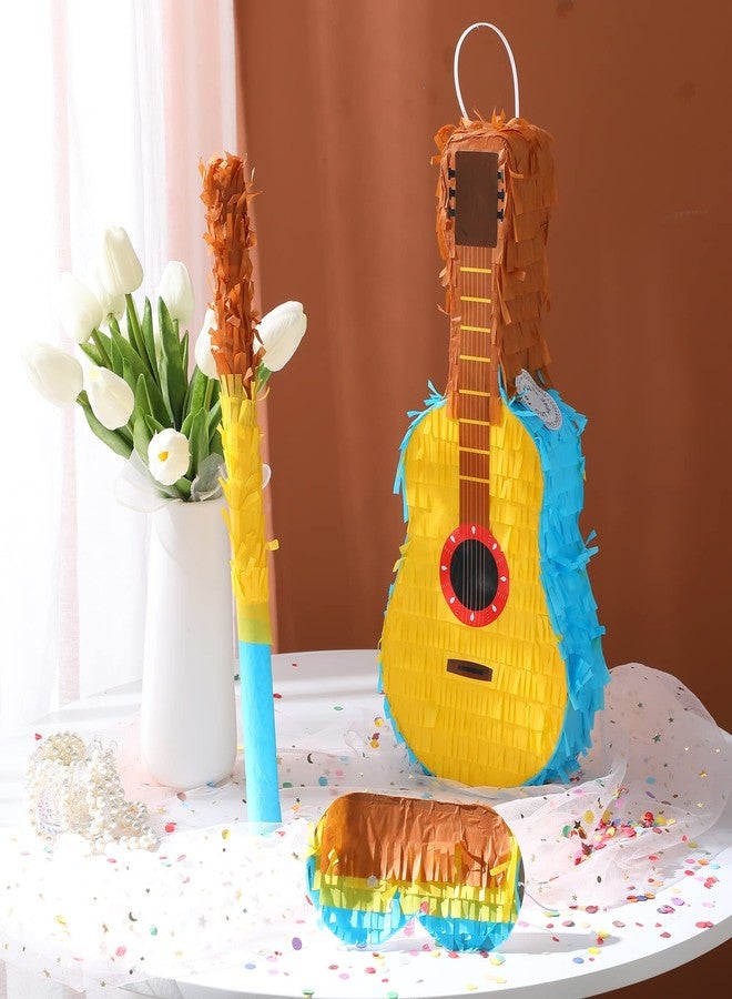 سراتي مجموعة بينياتا على شكل جيتار من ستراتي مع عصابة للعينين ومضرب، بينياتا موسيقية للأطفال على شكل جيتار لحفلات أعياد الميلاد للأولاد والبنات والكبار، هدايا حفلات موسيقية، كرنفالات وفعاليات مشابهة، 16 × 7 × 3 بوصات - Image 3