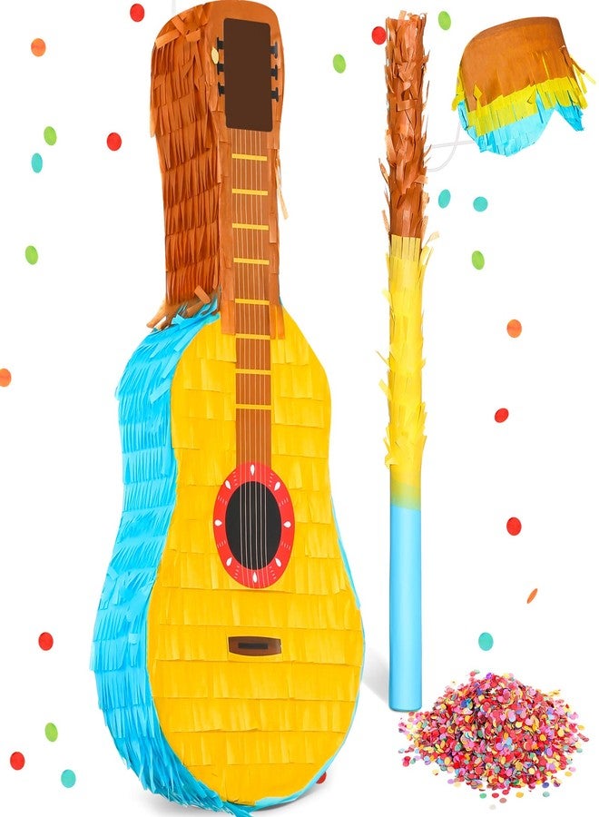 سراتي مجموعة بينياتا على شكل جيتار من ستراتي مع عصابة للعينين ومضرب، بينياتا موسيقية للأطفال على شكل جيتار لحفلات أعياد الميلاد للأولاد والبنات والكبار، هدايا حفلات موسيقية، كرنفالات وفعاليات مشابهة، 16 × 7 × 3 بوصات - Image 1