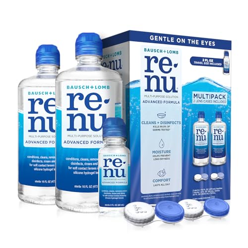 Renu Renu Contact Lens Solution Advanced Formula MultiPurpose Solution with Lens Case Gently Cleans Disinfects Moisturizes Hydrates Soft Lenses 16 Fl Oz Pack of 2 Travel Size 2 Fl Oz 