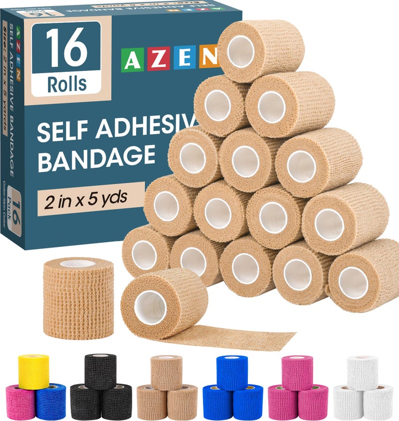 AZEN 16 Pack Self Adhesive Bandage Wrap, 2" X 5 Yards Elastic Cohesive Bandage Wrap, Skin Color Athletic Tape, Vet Wrap, Ankle Tape, Tattoo Grip Tape Wrap - Image 1