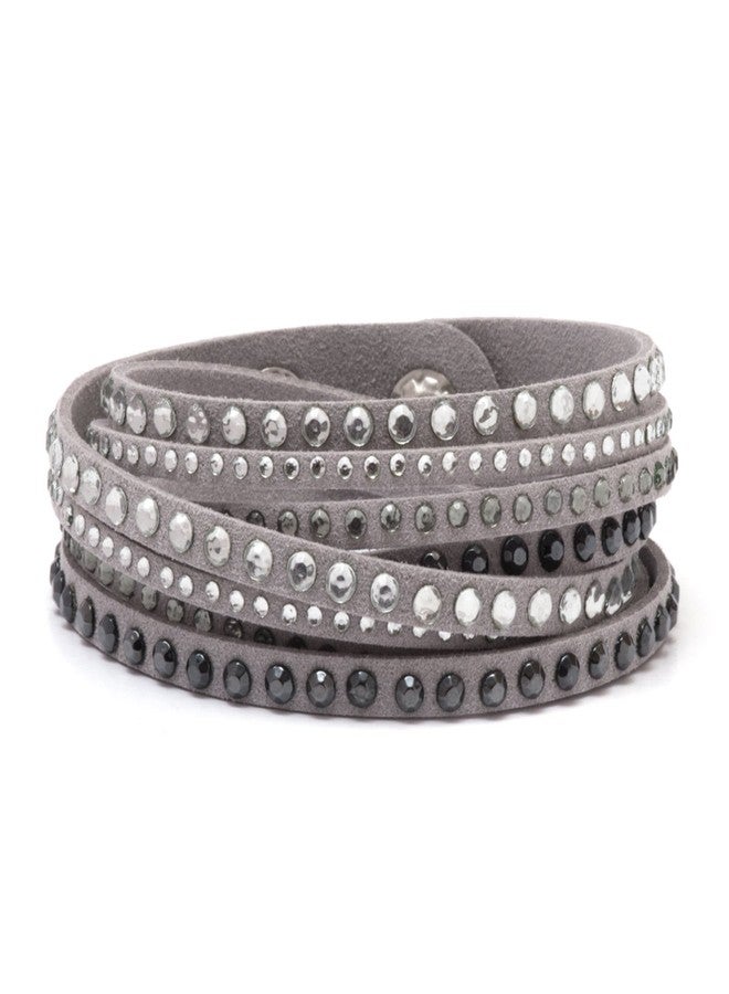 Barzel Leather Created Austrian Crystals Wrap Bracelets (Grey with Black & White Stones) - Image 1