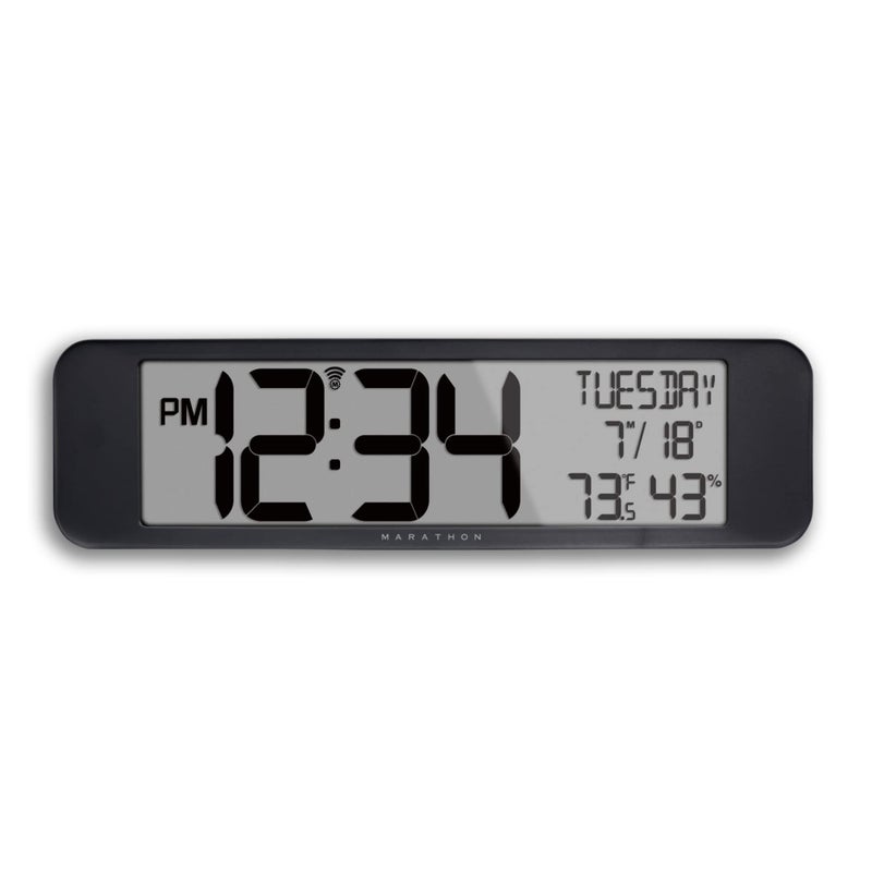 MARATHON UltraWide Atomic Wall Clock Black  Large 14Inch Panoramic Display  AMPM or 24Hour Time Format Eight Time Zones Indoor Temperature  Humidity  Two AA Batteries Included