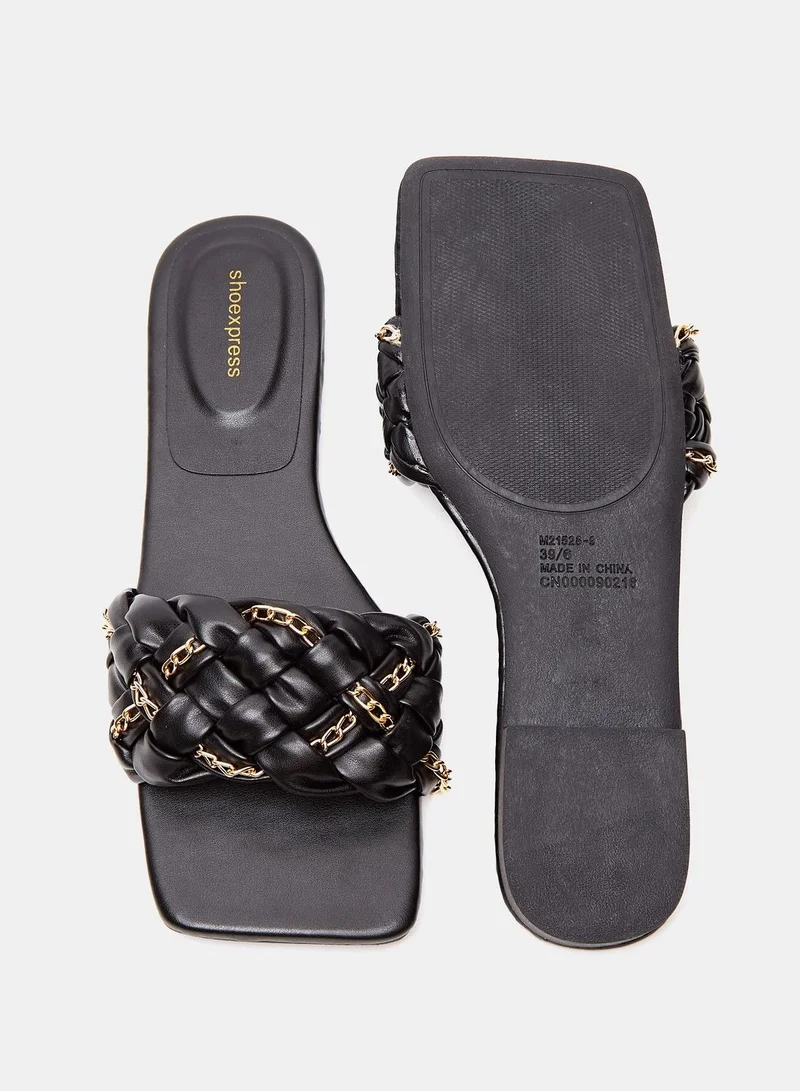 شو اكسبرس Soild Slip-On Slide Sandals With Knot And Chain Detail