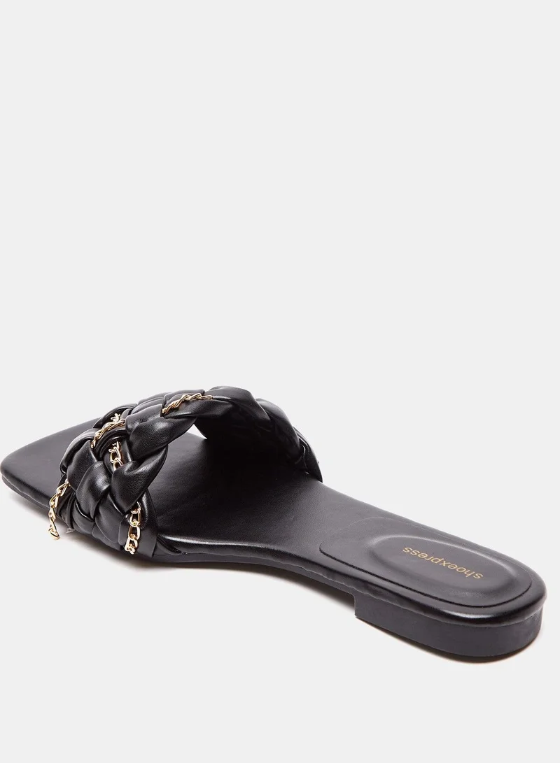 شو اكسبرس Soild Slip-On Slide Sandals With Knot And Chain Detail