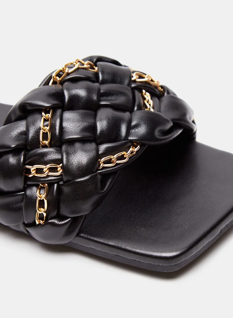شو اكسبرس Soild Slip-On Slide Sandals With Knot And Chain Detail