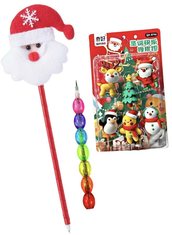 Le Delite Santa Claus Christmas Tree reindeer snowman candy shaped pen Xmas Theme 1 pieces Gel Pens, 1 pencil & 1 eraser set for Fine and Smooth Writing in Multicolor return gifts combo - Image 1