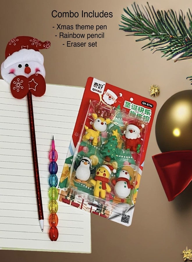 Le Delite Santa Claus Christmas Tree reindeer snowman candy shaped pen Xmas Theme 1 pieces Gel Pens, 1 pencil & 1 eraser set for Fine and Smooth Writing in Multicolor return gifts combo - Image 2
