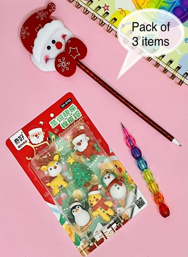 Le Delite Santa Claus Christmas Tree reindeer snowman candy shaped pen Xmas Theme 1 pieces Gel Pens, 1 pencil & 1 eraser set for Fine and Smooth Writing in Multicolor return gifts combo - Image 3