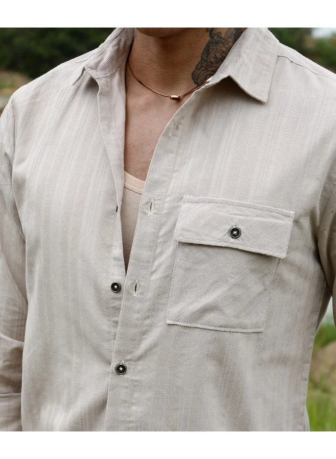 Campus Sutra Men's Peanut Brown Multitrack-Striped Shirt For Casual Wear | Spread Collar | Long Sleeve | Button Closure | Shirt Crafted With Comfort Fit For Everyday Wear