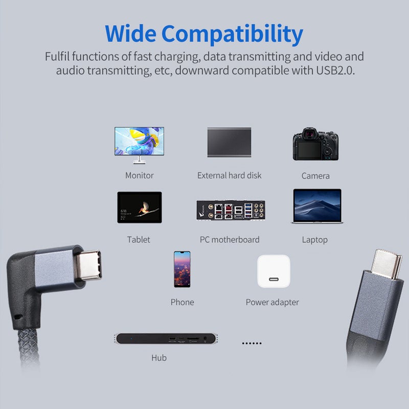 Type-C Cable with Right Angle PD100W Quick Charge 4K Audio&Video Syncing Cable Compatible with Thunderbolt3 External Hard Disk, Grey 0.5m - Image 3