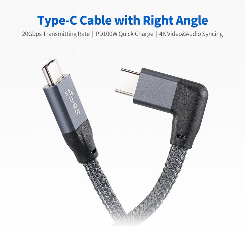 Type-C Cable with Right Angle PD100W Quick Charge 4K Audio&Video Syncing Cable Compatible with Thunderbolt3 External Hard Disk, Grey 0.5m - Image 2