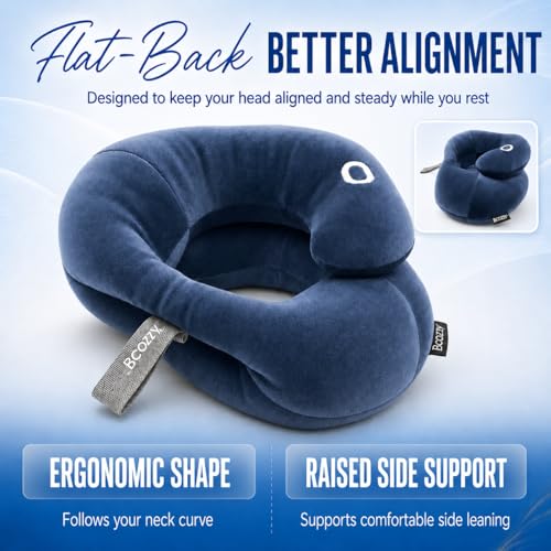 BCOZZY Flat Back Travel Neck Pillow Patented Neck Pain Relief Support for Head Neck and Chin Ideal for Airplanes Long Flights Car Rides Adjustable Washable with Carry Bag Large Navy - Image 3