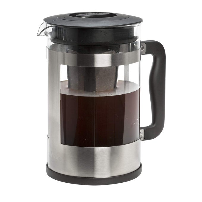 KEDZIE DELUXE COLD BREW ICED COFFEE MAKER COMFORT GRIP HANDLE DURABLE GLASS CARAFE REMOVABLE MESH FILTER 6 CUP BRUSHED STAINLESS STEEL