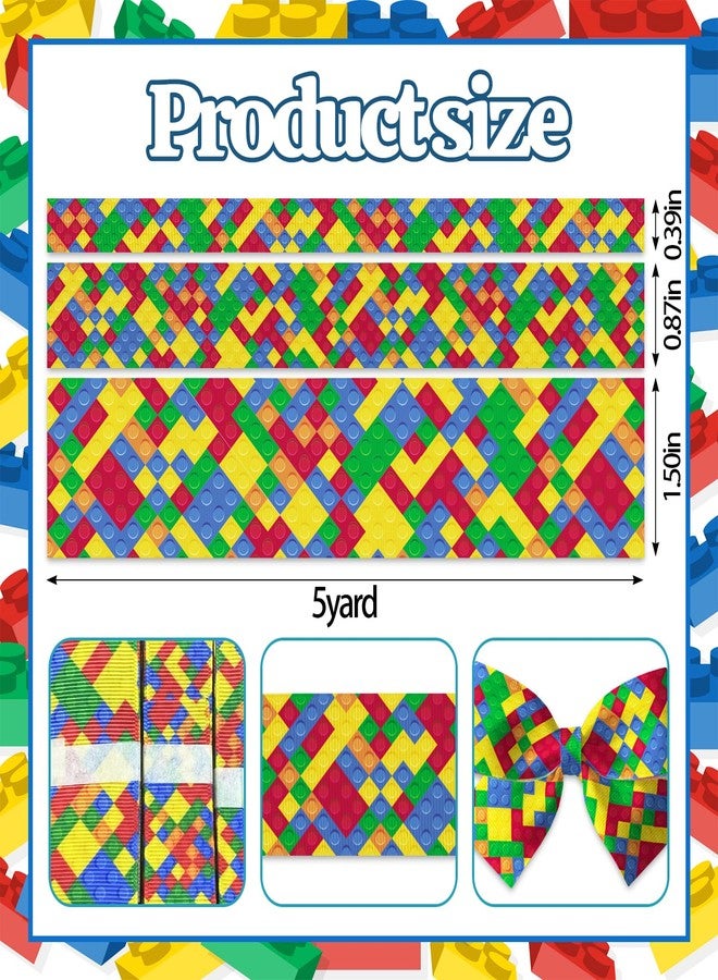 Glodecart 3 Rolls Building Blocks Ribbon for Wrapping Gifts, Back to School Ribbon for Gift Wrapping Birthday Party Classroom Home Decor Crafts DIY 0.4" 0.9" 1.5" X 15 Yard Colorful Blocks Ribbons - Image 2