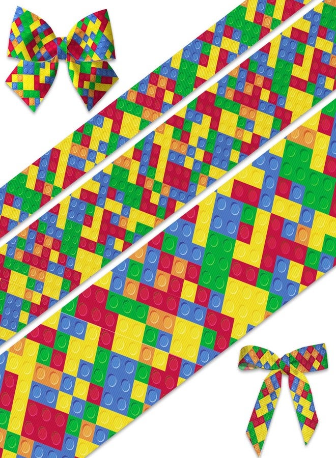 Glodecart 3 Rolls Building Blocks Ribbon for Wrapping Gifts, Back to School Ribbon for Gift Wrapping Birthday Party Classroom Home Decor Crafts DIY 0.4" 0.9" 1.5" X 15 Yard Colorful Blocks Ribbons - Image 1