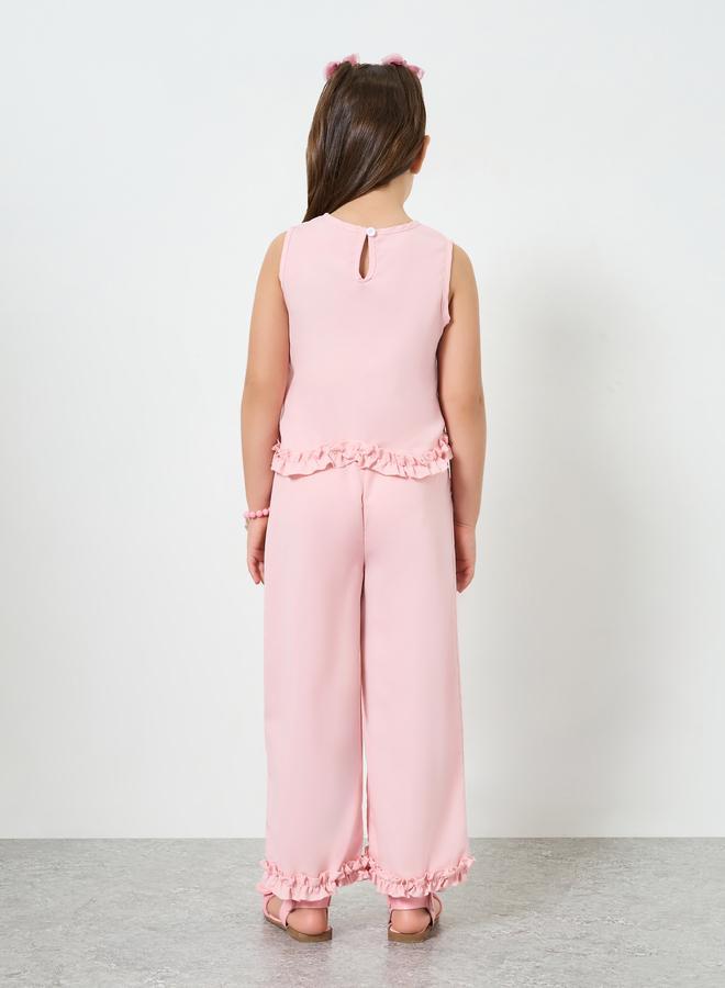 Styli Girls Pink Ruffle Trim Top and Wide-Leg Pants Set - Image 4