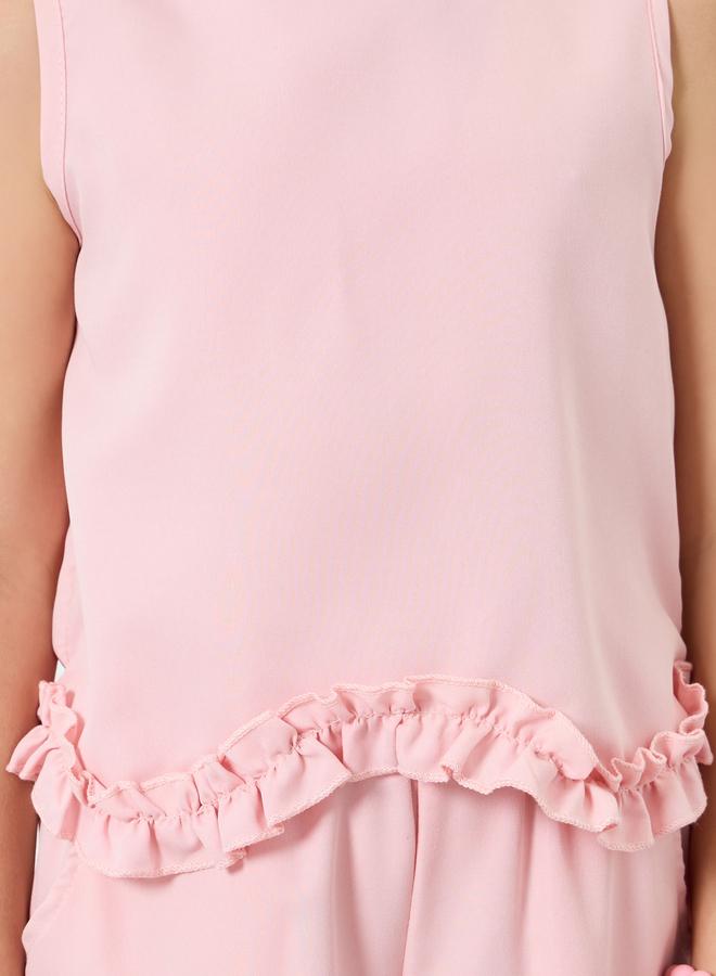 Styli Girls Pink Ruffle Trim Top and Wide-Leg Pants Set - Image 3