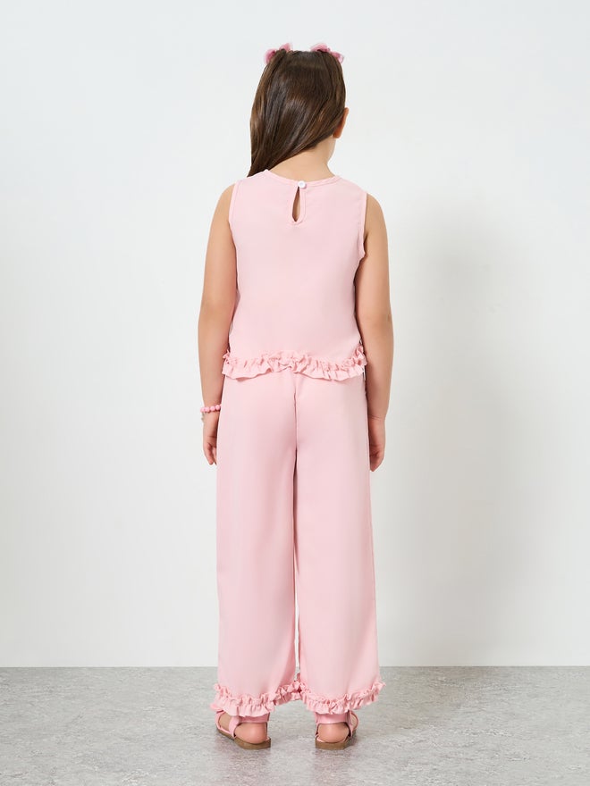 Styli Girls Pink Ruffle Trim Top and Wide-Leg Pants Set - Image 5