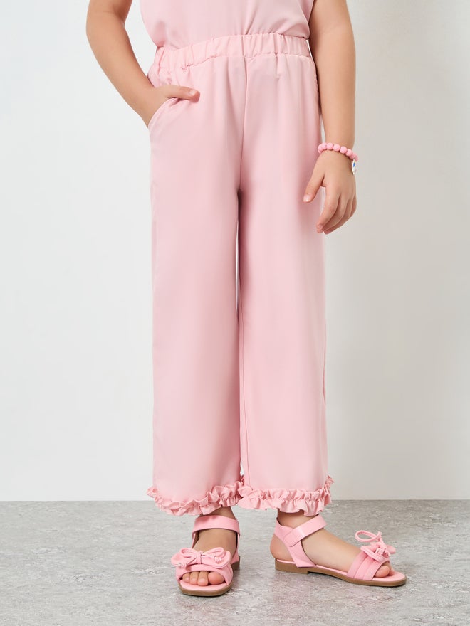 Styli Girls Pink Ruffle Trim Top and Wide-Leg Pants Set - Image 4