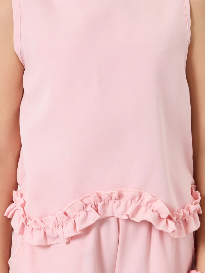 Styli Girls Pink Ruffle Trim Top and Wide-Leg Pants Set - Image 3