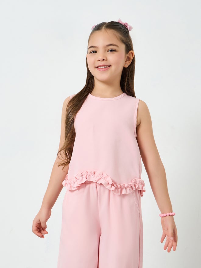 Styli Girls Pink Ruffle Trim Top and Wide-Leg Pants Set - Image 2