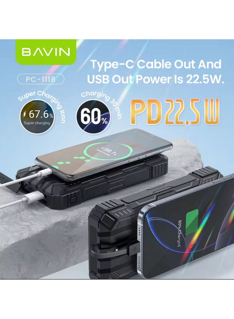 Bavin Wholesale Fast Charging Powerbank PC1118. 20000mah 22.5w LED Light 15W Panels Solar Charger Power Bank with Charger Cable - Image 4