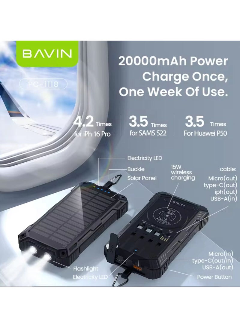 Bavin Wholesale Fast Charging Powerbank PC1118. 20000mah 22.5w LED Light 15W Panels Solar Charger Power Bank with Charger Cable - Image 3
