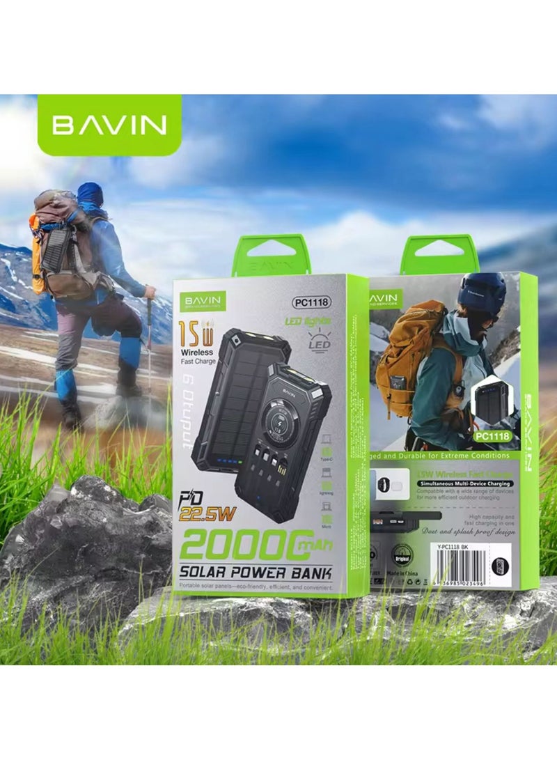 Bavin Wholesale Fast Charging Powerbank PC1118. 20000mah 22.5w LED Light 15W Panels Solar Charger Power Bank with Charger Cable - Image 1